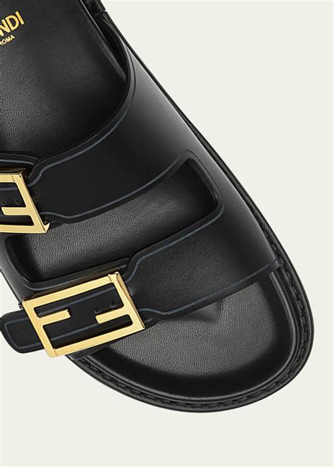 fendi signature black leather slides|Fendi buckle slides.